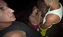 Friends Enjoy Street Food With Big Tits Girl Watching