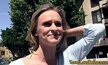 Teen getting a facial for some cash outdoors