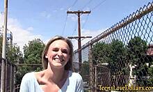 Teen getting a facial for some cash outdoors