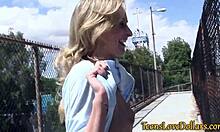 Teen getting a facial for some cash outdoors