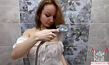 Cool girl fingering wet pussy after play, huge boobs in wet t-shirt. I orgasm so hard from big natural tits and small waist.