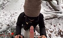 Asian girl gives blowjob in snow, luna sucks bwc in public park almost caught
