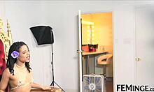 ebony lesbian has fun with dildo and strapon