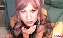 lilac-haired minx in pantyhose sucks big cock until cum fills mouth