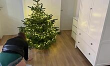 Mother-in-law bends over Christmas tree for doggy style anal and cum on ass.