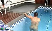 busty executive closes deal with horny client in hotel pool.