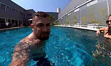 Married woman hooks up with unknown worker by the pool.