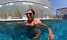 Married woman hooks up with unknown worker by the pool.