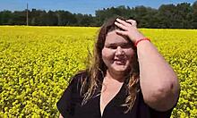 pretty chubby cutie with big tits gives pov outdoor blowjob playing with cum