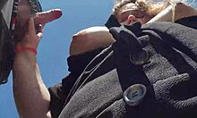 pretty chubby cutie with big tits gives pov outdoor blowjob playing with cum