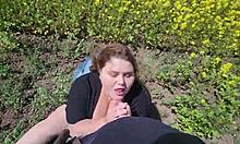 pretty chubby cutie with big tits gives pov outdoor blowjob playing with cum