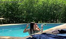 Natasha and Megan tan naked while the lucky guy cleans pool.