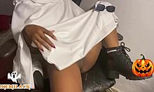 Gay Amateur in Lingerie Celebrates Halloween Outdoors