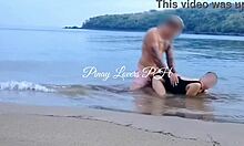 Cute young 18+ licks and rides cock cowgirl on beach