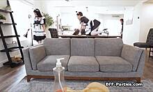 Slutty teen maids in uniform lick ass and get group fucked