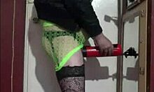 Crossdresser gives himself machine masturbation in shy homemade session
