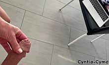 Dude, giving a blowjob while he watches my porn on laptop, tons of cum in mouth