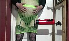 Crossdresser gives himself machine masturbation in shy homemade session