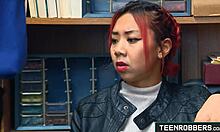 Naughty teen robbers get wild fuck from perv officer at shop