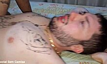 Brazilian chubby bear enjoys bareback gay anal sex with boyfriend