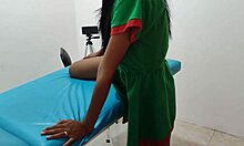 Sensual female elf indulges in Christmas fantasies on a hospital gurney with her Indian companion