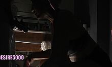 Milf spits on dick in bathroom blowjob.