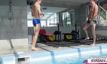 hey, southernstrokes twinks tony milak and corey law go bareback by pool
