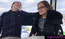 Oiled brunette babe gives public blowjob to stranger and swallows cum at resort