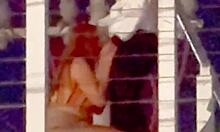 Pareja latina flashing braces in quickie blowjob on the bridge, big ass outdoor