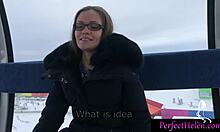 Oiled brunette babe gives public blowjob to stranger and swallows cum at resort