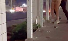 Pareja latina flashing braces in quickie blowjob on the bridge, big ass outdoor