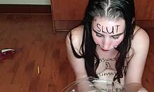 Self-degrading slut eats piss-covered fruits 😱