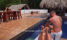 Cheating husband fucks petite blonde outdoors, wife discovers cum in mouth