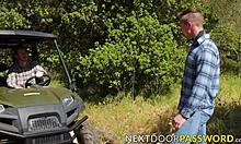 hunky gay kisses friend after outdoor blowjob