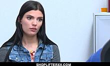 Creepy security officer corners a hot teen in the shop.