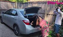 Stepmom cougar seduces young man in car outdoors! 🔥