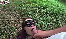 Wow! Brunette sucks huge cock deep in forest, swallowing cum!