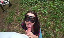 Wow! Brunette sucks huge cock deep in forest, swallowing cum!