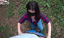 Wow! Brunette sucks huge cock deep in forest, swallowing cum!
