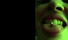 Amateur Luna with tattoos and pierced nipples gives blowjob to old man