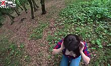 Wow! Brunette sucks huge cock deep in forest, swallowing cum!