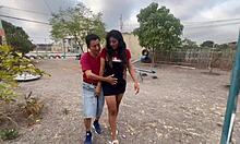 Can you believe this old man bangs two busty young women in a public park?