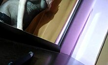 russian slut in ripped stockings shows hairy pussy play