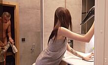 Her sleek Asian body glistened in the sauna. My cock went wild watching her every move.