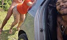 Friends Stop Car On Road For Group Fun