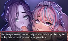 in this harem game, the ghost and maid compete in a double blowjob contest with monster cocks