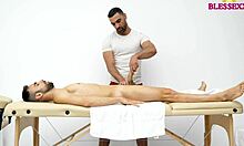 Zeus Ray enjoys a happy ending massage with a muscular guy