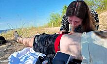 Skinny Girlfriend Sucks Dick and Swallows on Public Beach