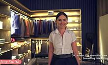 Close friend teases in clothing store