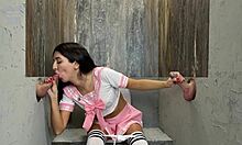 slut sneaks through gloryhole for two huge cocks and messy cumshots